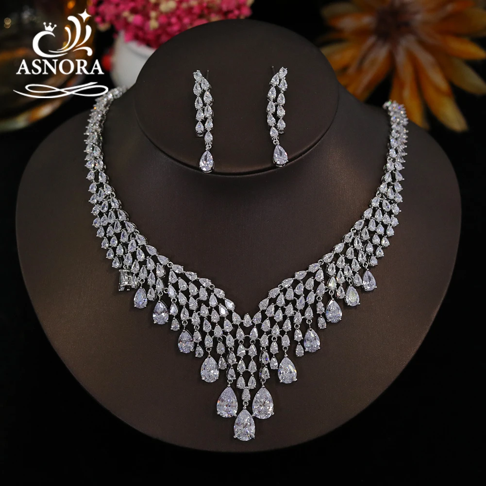 Shiny AAA Cubic Zirconia Bridal White Necklace 2pcs Big Jewelry Set for Women Wedding Party Dress Accessories Ensemble De Bijoux