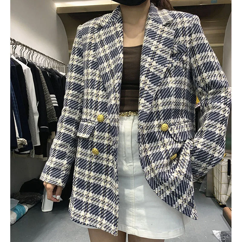 Moda coreana xadrez tweed blazers feminino outono vintage duplo breasted acolchoado algodão terno jaqueta elegante senhora chique casaco 2024 novo