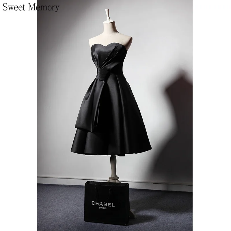 U34125 Short Black Evening Dresses Satin Sexy Sleeveless Formal Gown Princess Prom Robe Banquet Wedding Party Dress Lace Up Back