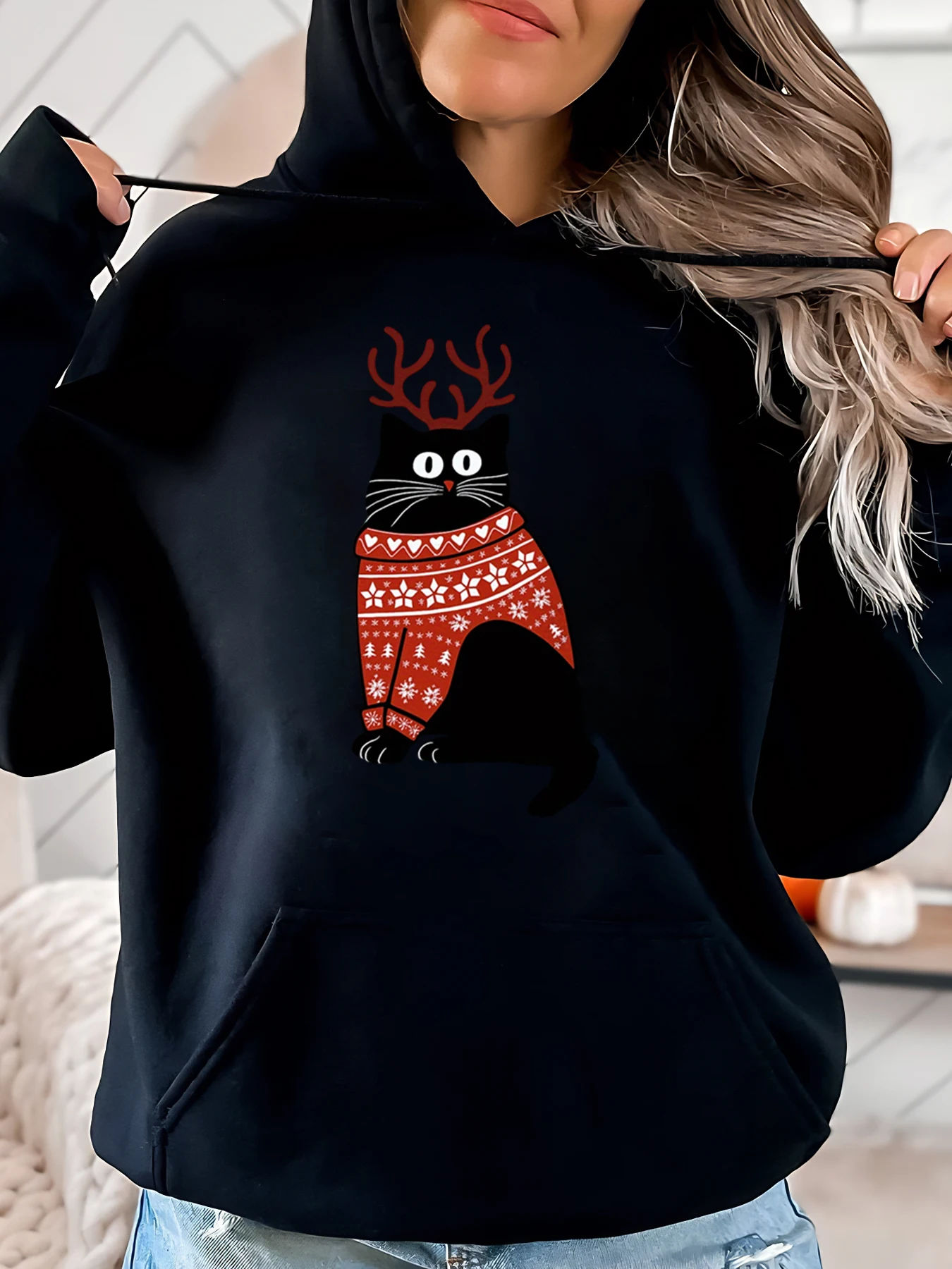

Рождественский кот с оленьими рогами, праздничная толстовка с принтом, женская повседневная одежда, черный, больших размеров