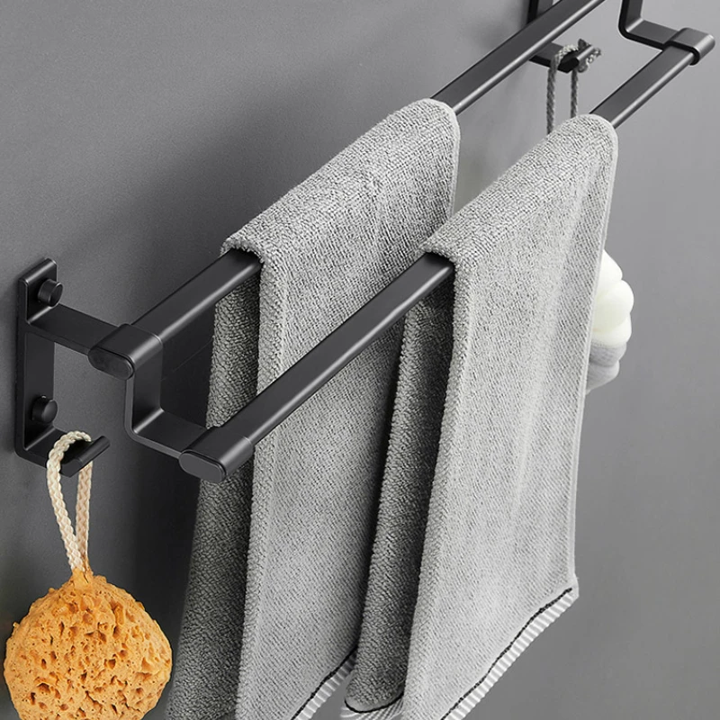 

Punch-free Towel Rack Grey Double Pole Towel Holder Space Aluminum Lengthening Light Luxury Bathroom Shelf Bath Organizer
