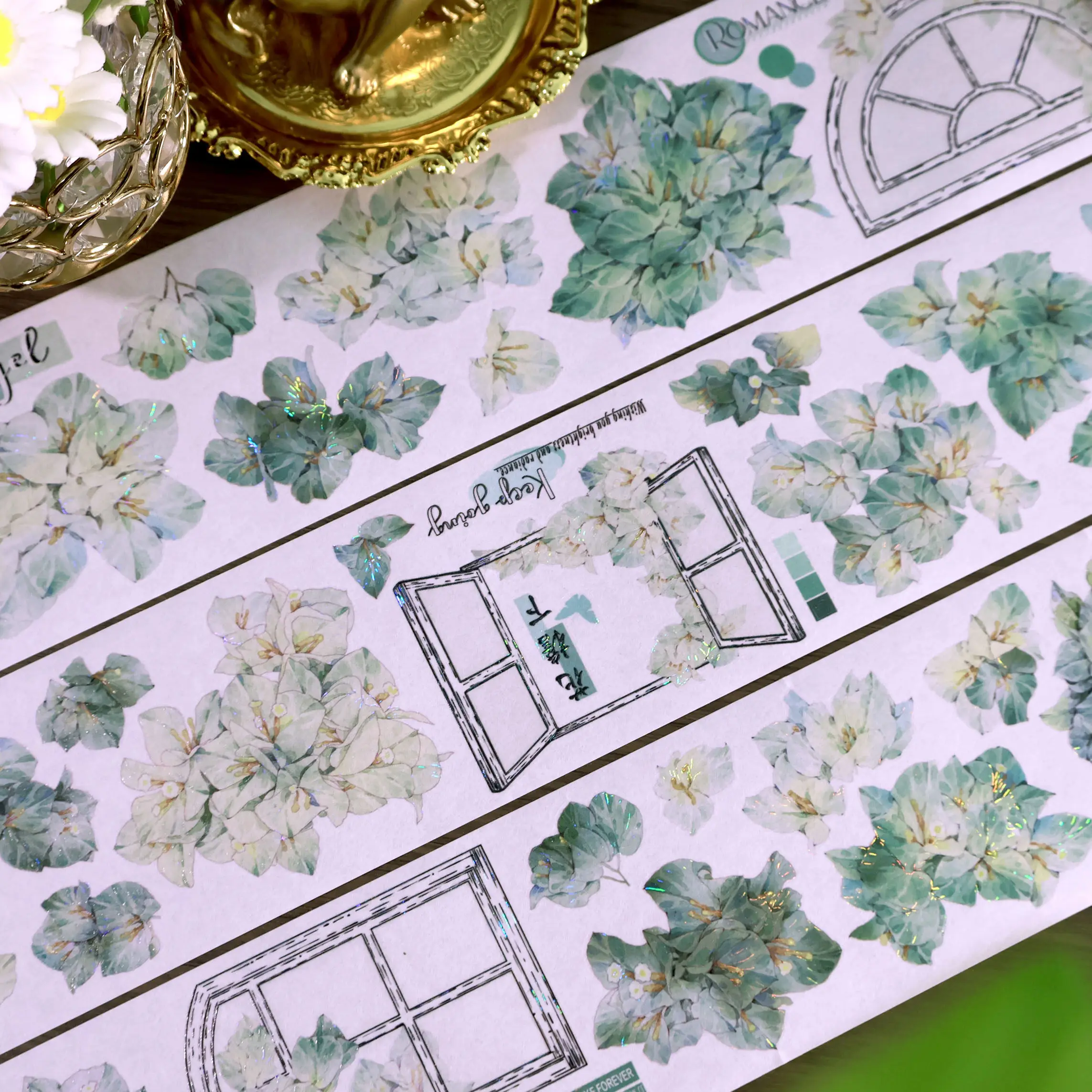 Flower Washi Pet Tape Vintage Green BougainvilleaShell Shiny Pre-cut For Journal DIY Scrapbooking Journal Decorative Sticker