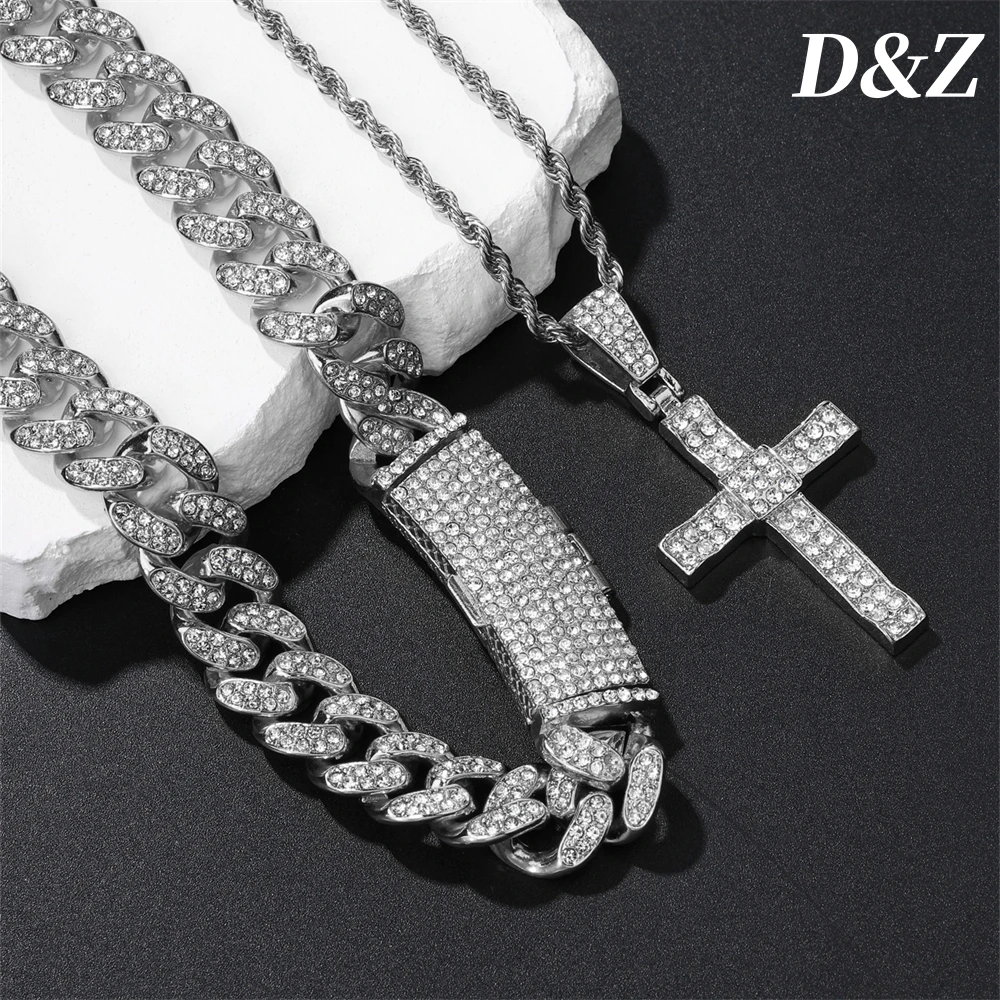 

D&Z Hip Pop Cross Pendant 3piece 13M Cuban Chain Necklace Set For Men Iced Out Bling Gold Silver Plated Full Rhinestone Jewelry