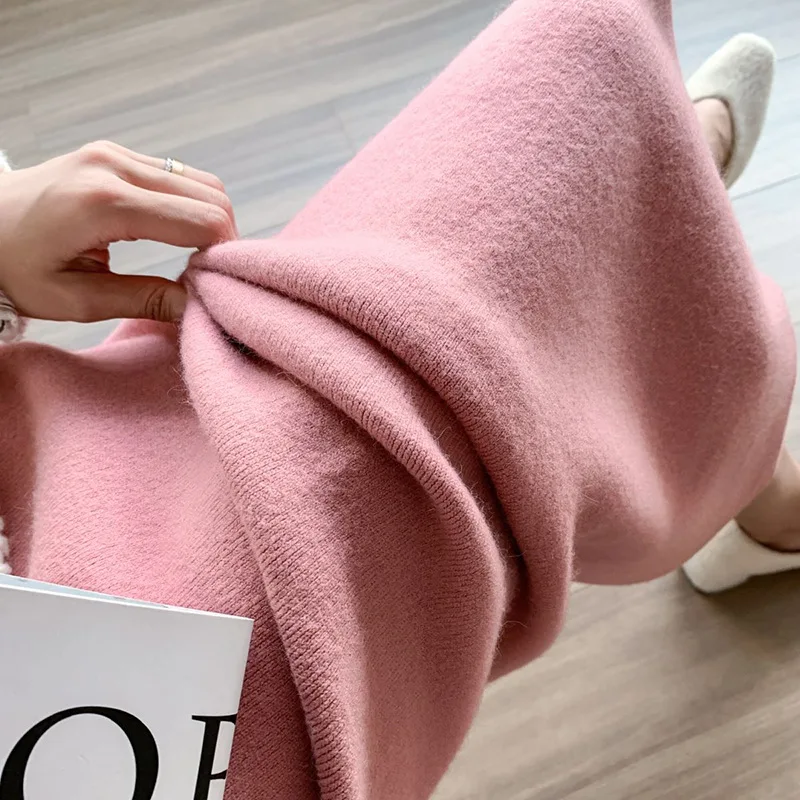 Mid- Knitted Women's Sweater with High Waist Straight Half-Length Wool Pink Figure Flattering Office Lady Sheath Skirt