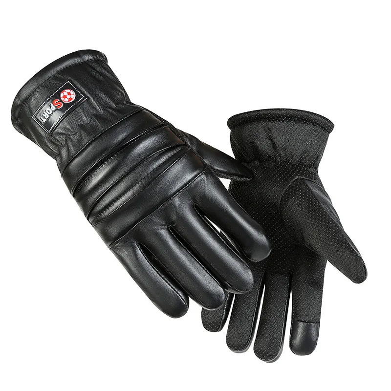 Men s Thermal PU Leather Gloves Thickened Fleece Lined Classic Smiling Opening Style Windproof Cold Resistant for Outdoor Riding
