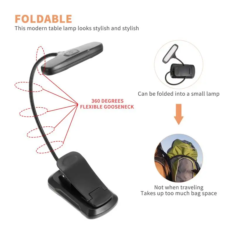 Flexible Table Lamps Folding LED Reading Light With 3 Light Color Adjustable Battery Operated Eye-Care Book Lights For Office