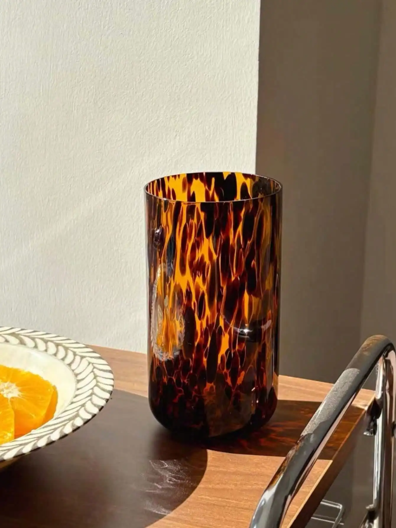 1pc Vintage Amber Leopard Print Glass Cup, Creative Handhold Cup For Specialty Drinks, Retro Wild Leopard Print Beverage Cup, Suitable For Home, Restaurant, Cafe, Dessert Shop, Gift, Party，sh260515095635451657222