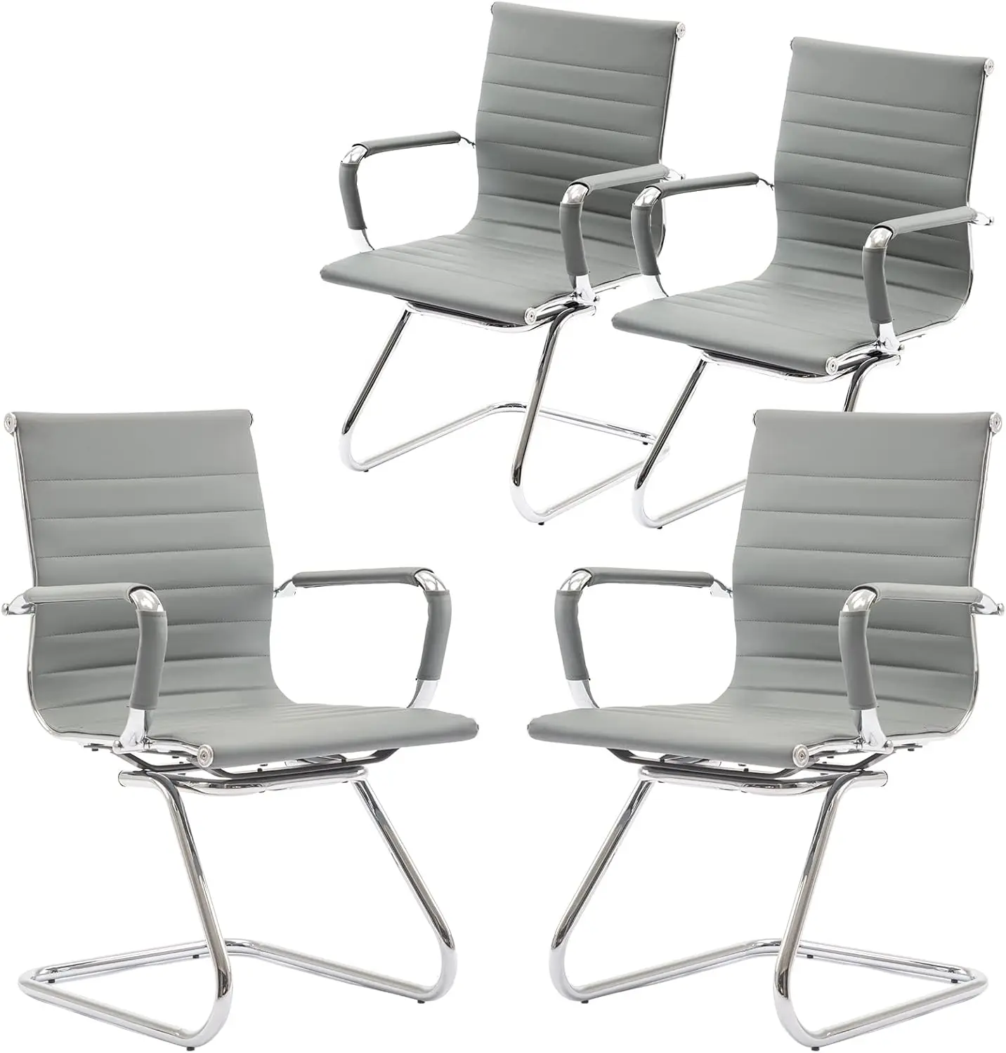 Guyou Office Reception Guest Chairs Set Of 4 Mid Back Pu Leather Metal Leg Sled Base Conference Reception Room Chairs With Arms