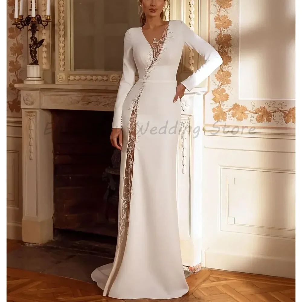 Long Sleeve Satin Mermaid Wedding Dress Deep V Neck Lace Beaded High Slit Bridal Gown Open Back Formal Bride Dresses For Women