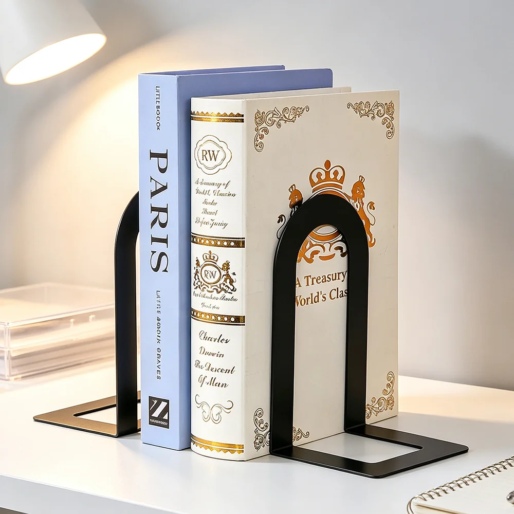 Metal Bookends L Shape Decorative Bookshelf Stand Arch Design Non Slip Pad Sturdy Book Holder for Students Office Book Lovers