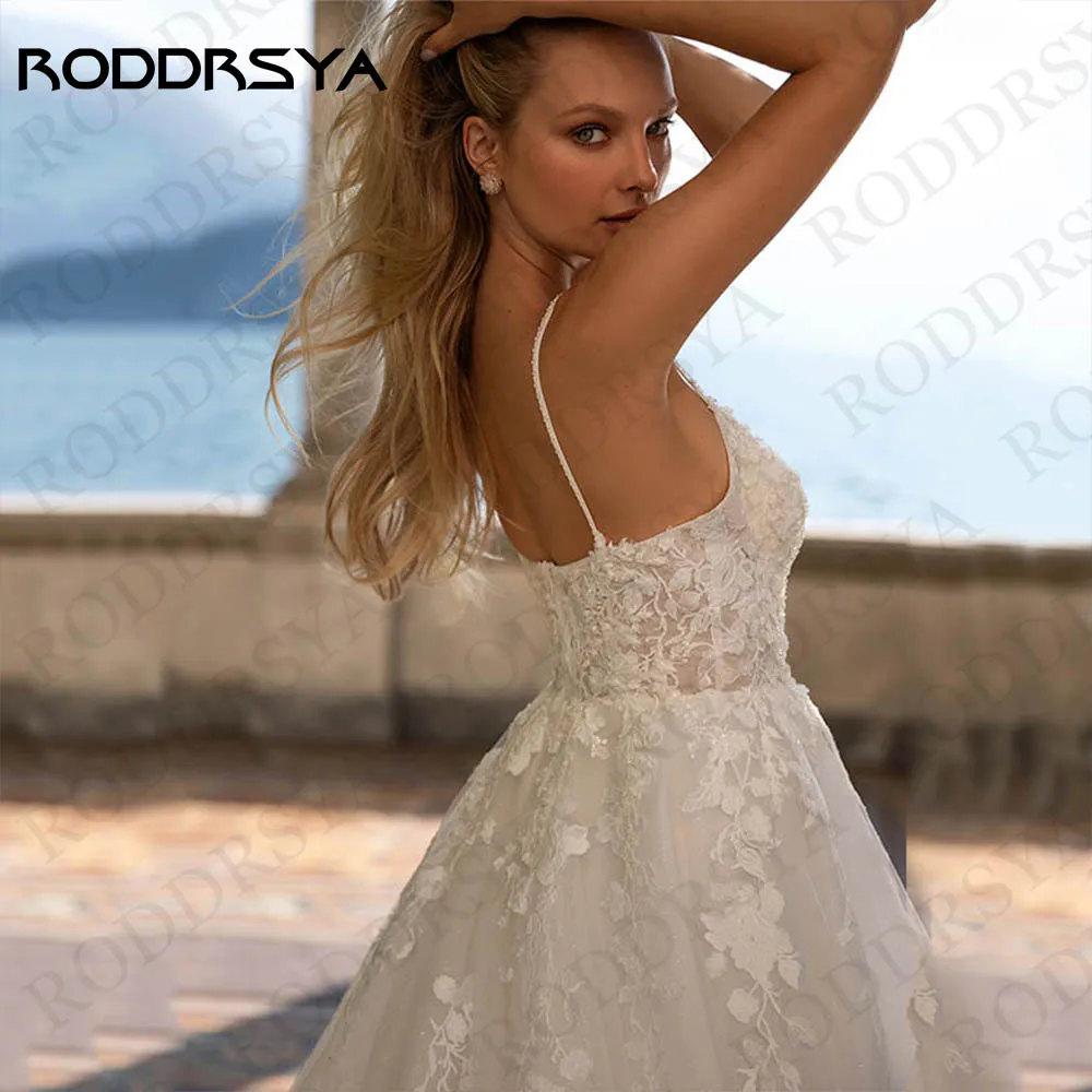 RODDRSYA-vestido De Novia De tul con tirantes finos, traje con apliques De encaje, corte en A, cuello en V, Espalda descubierta, 2024 Vestido de novia de playa 2024 Apliques de encaje  Una Línea Tirantes Cuello En V Si