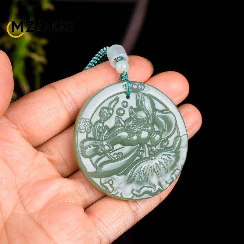 Hand-carved Hetian Green Jade Duck Egg Green Lotus Flower Pendant Lake Green Jade Round Plaque Sweater Chain for Men & Women