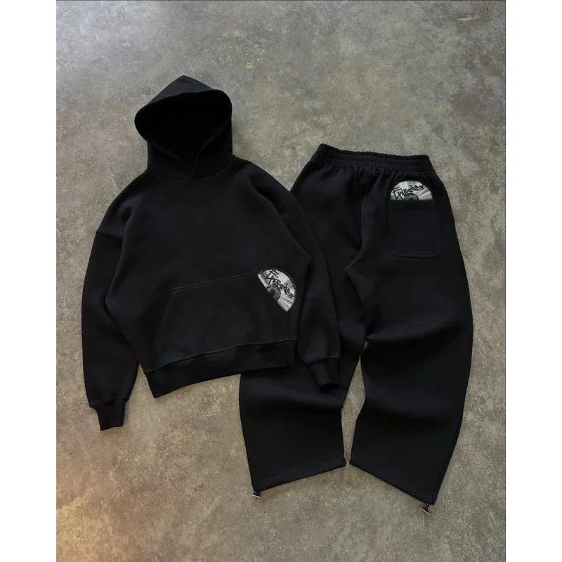 

High street-hop men suit fashionable and popular embroidered design pullovers Gothic Harajuku loose casual suit tracksuit