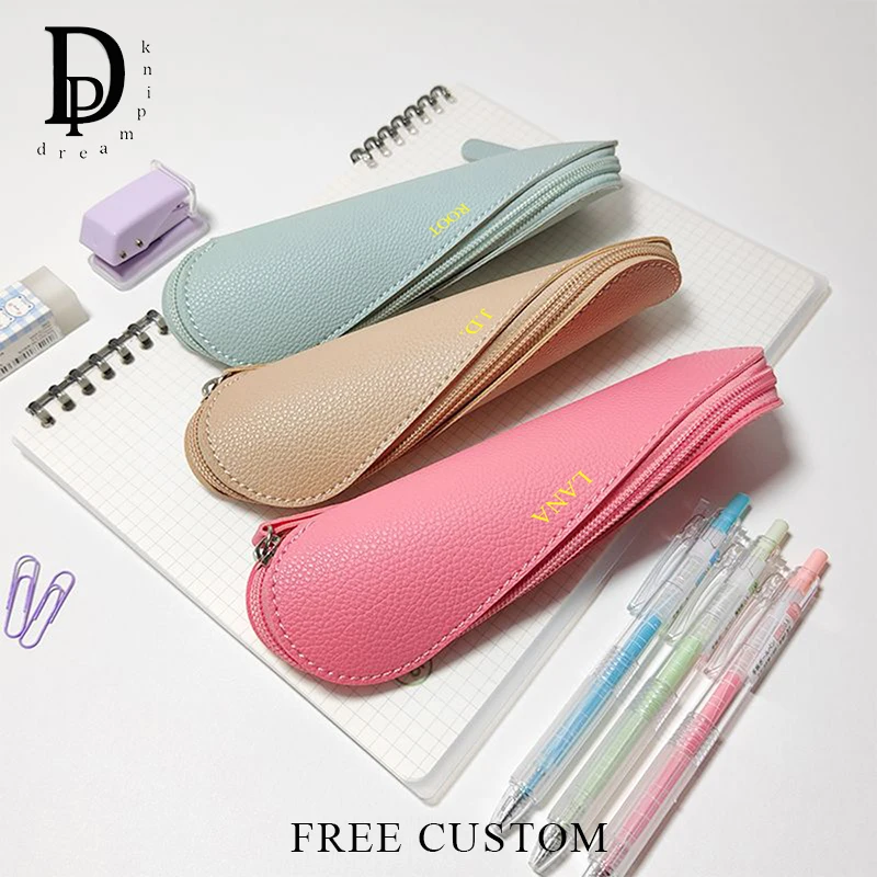 

Custom Initials Zipper Pencil Case Luxury Design Leather Business Cosmetic Bag Engrave Name Student Pen Bags Storage Bag Gift