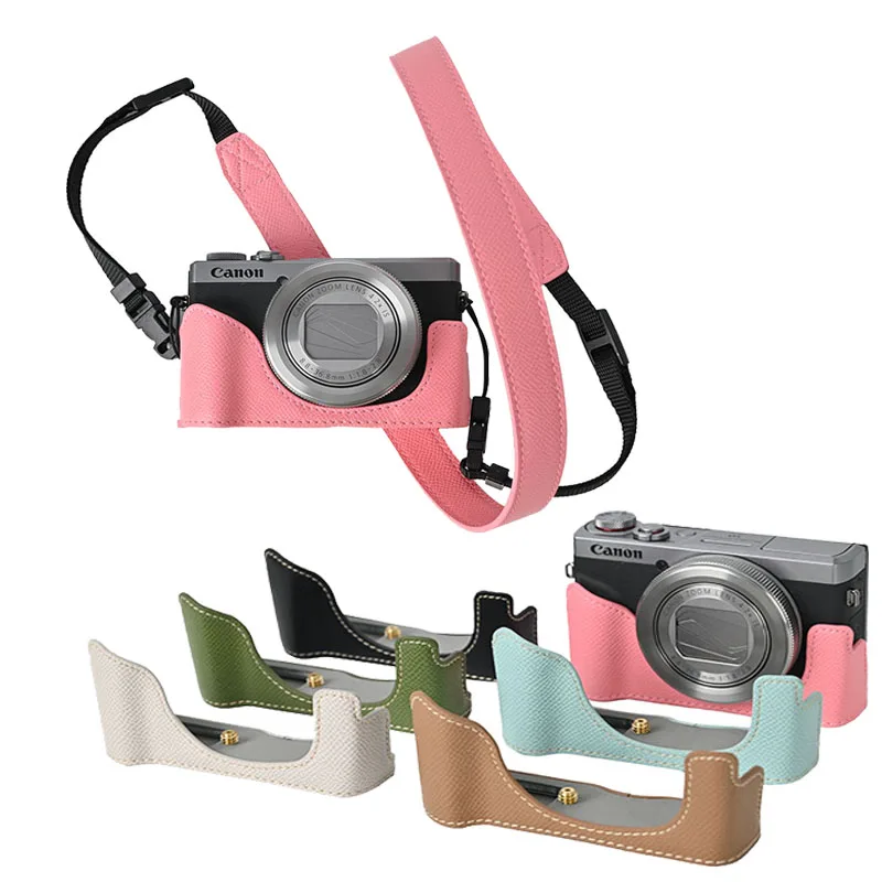 Pu Leather Camera Case Bag For Canon Powershot G7XII  G7XIII G7X2 G7X3 G7X II G7X III Camera Half Bottom With Strap