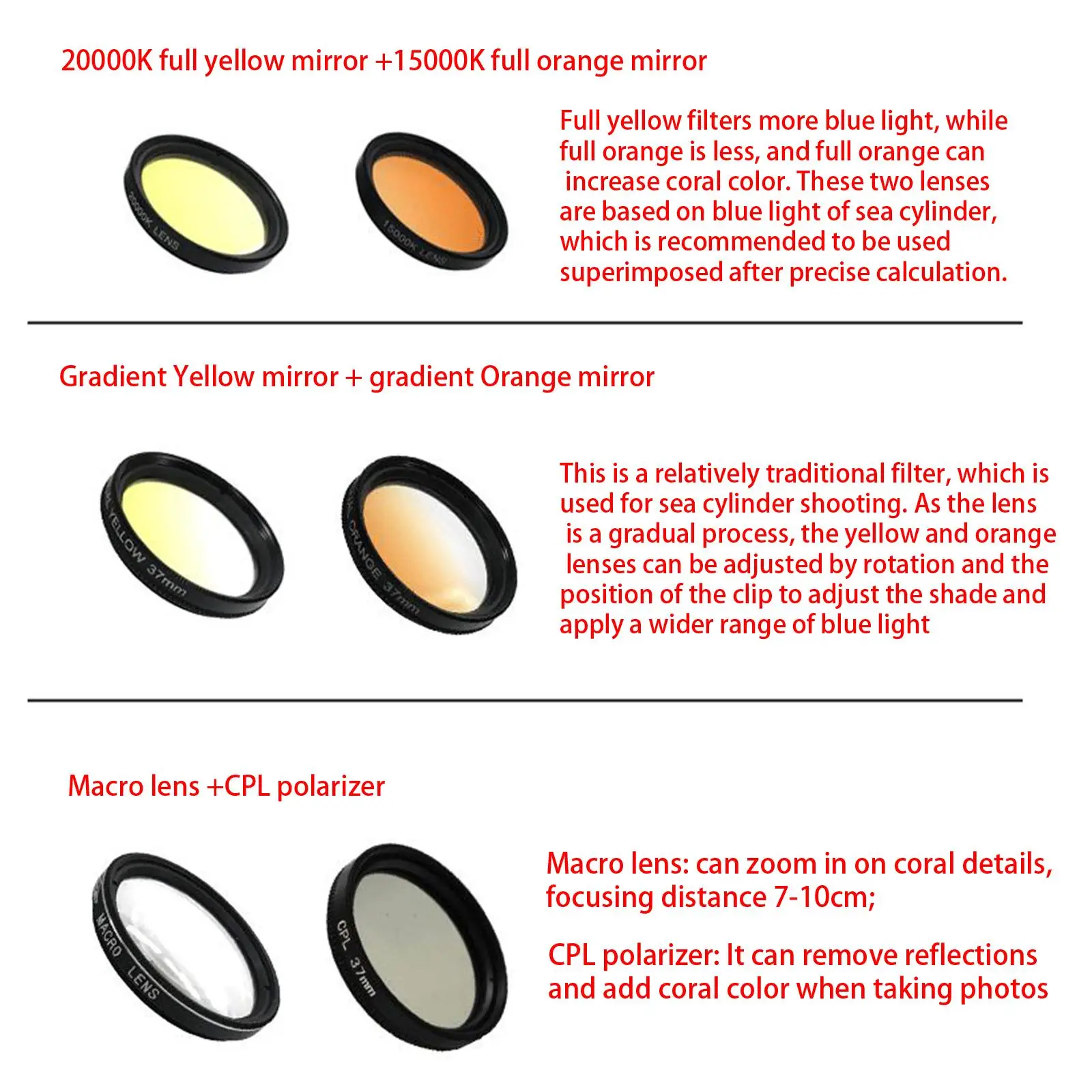 مجموعات مرشح عدسة المرجان الهاتف مجموعة عدسات الغوص 7 عدسات مع حقيبة للتخزين مع عدسة مستقطبة Cpl عدسة التصوير تحت الماء