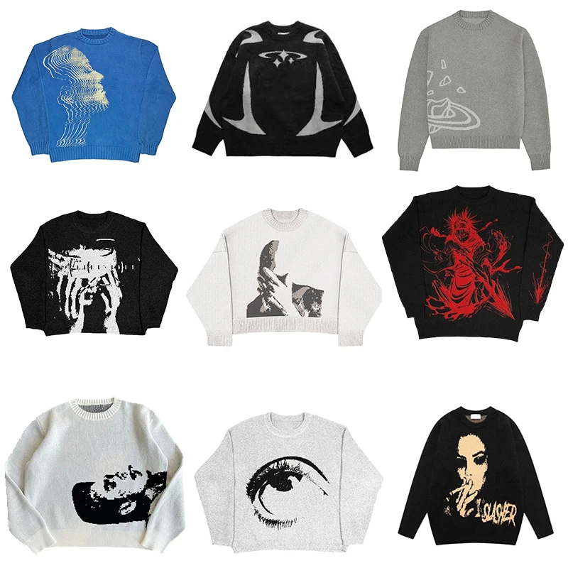 Y2K anime demon Girl pattern printed Gothic women 2000s high street hip-hop popular all-match couple Knitted Sweater pullover