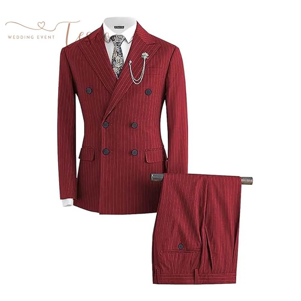 

Tesco Customized Striped Double Breasted Suit for Men Mens Suits 2 Piece Double Breasted Suit Men Classic Fit Peak Lapel