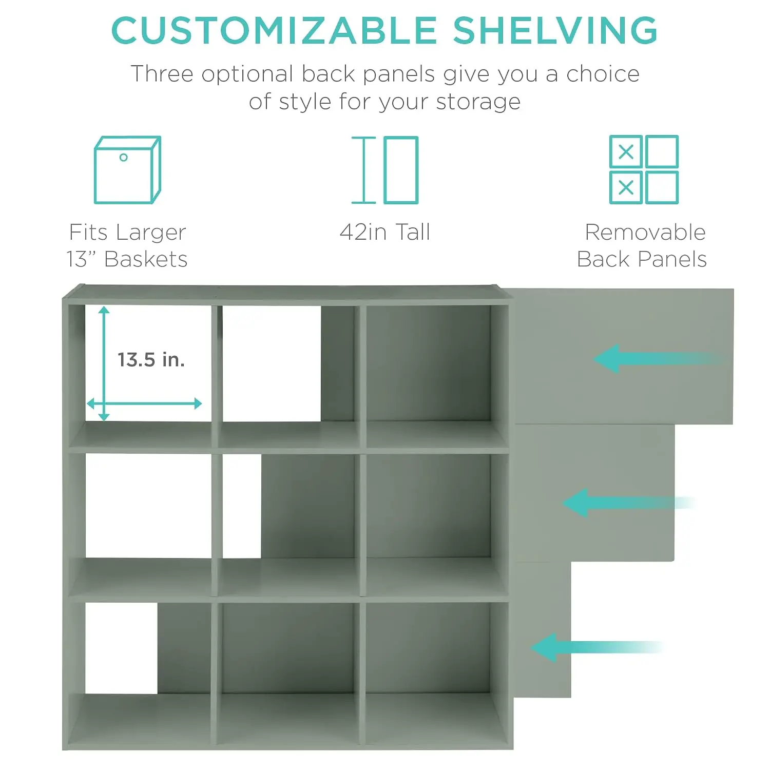 Kids 9-Cube Storage Organizer Shelf, 13.5in Opening Bookshelf & Toy Box w/ 3 Removable Back Panels, Sage, Customized