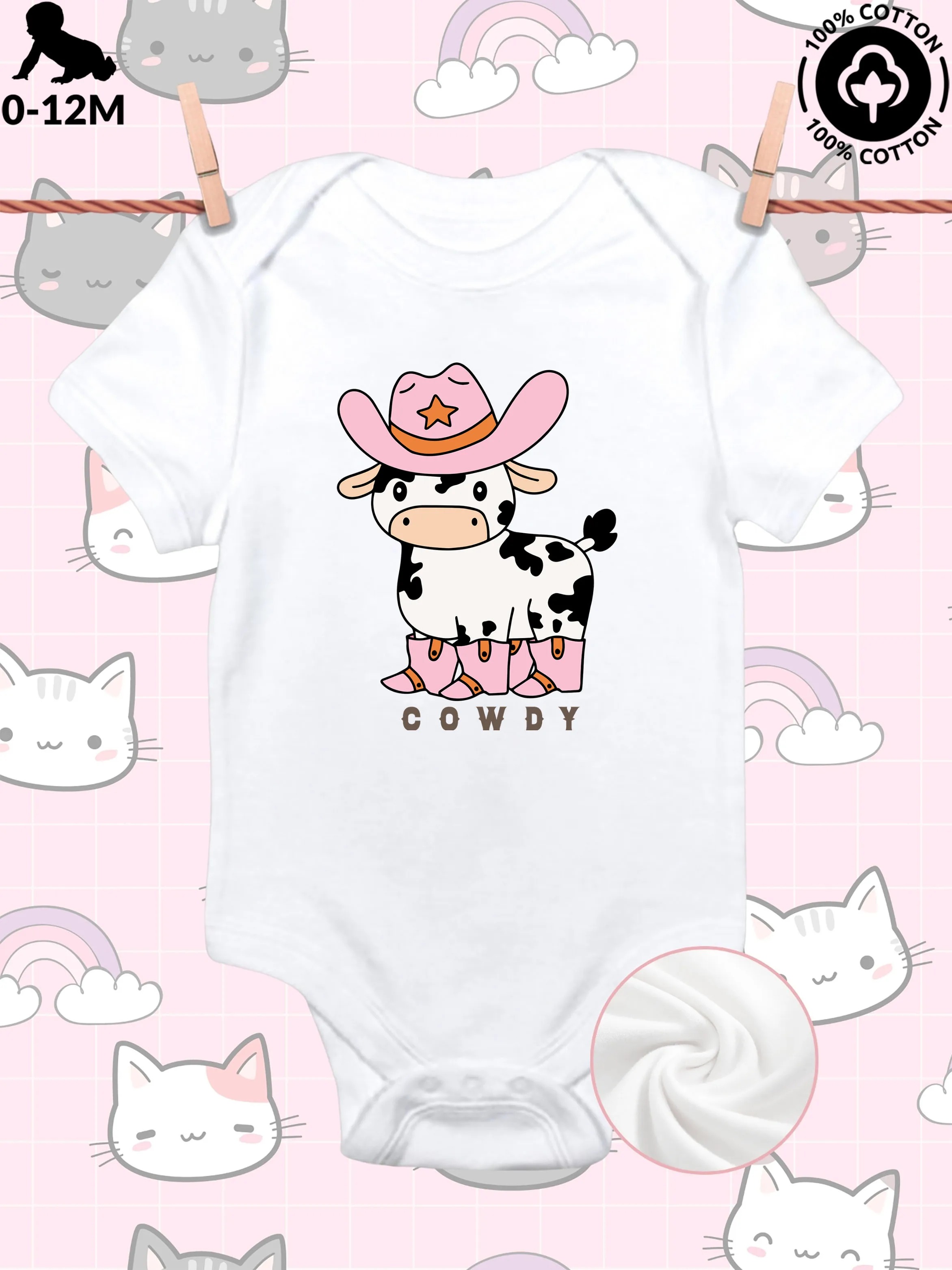 

Cute Cowdy Unisex Baby Crawling Suit, Pure Cotton Soft Onesie, All-Season Wear White Bodysuit 190GSM