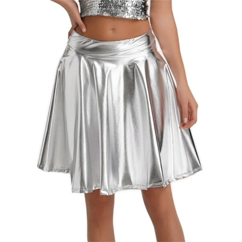 

Women Sparkling Metallic Elastic High Waist A Line Pleated Mini Skirt Party Club Halloween Dance Flared Swing Skirts