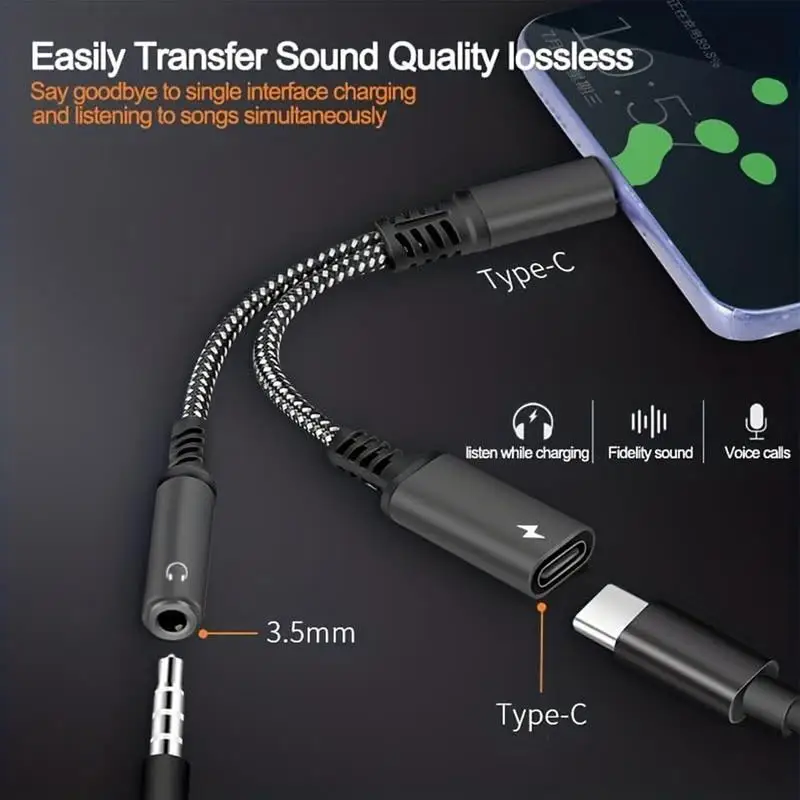 Headphone Jack Splitter 2 Way Cable Splitter 3.5mm Audio Splitter Headphone Adapter 2 IN 1  Type C Charge Audio Aux Adaptor