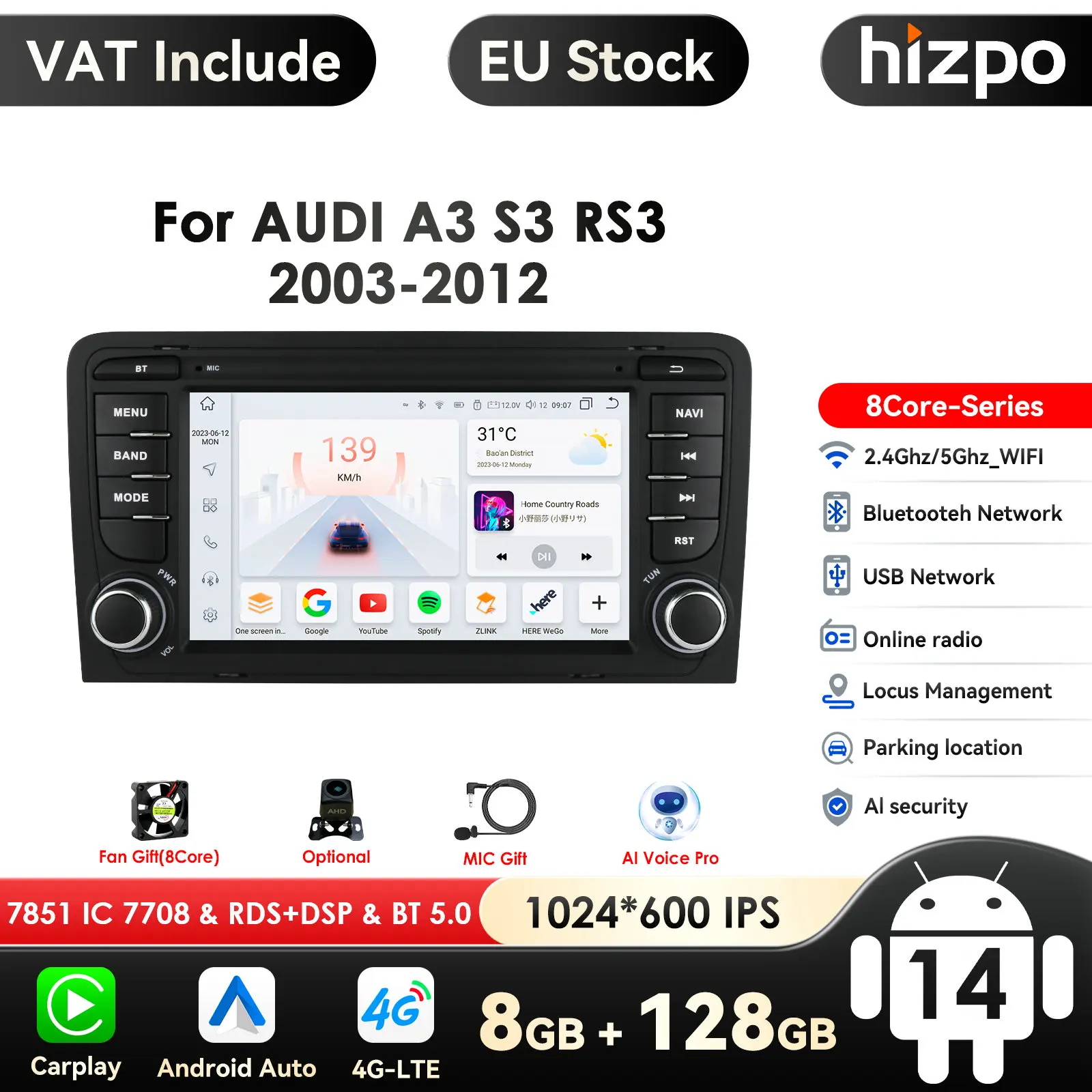 4G-LTE Carplay 7 pollici Android Autoradio GPS per Audi A3 8P 2003-2012 S3 2006-2012 RS3 Multimedia RDS 2din Autoradio Stereo Video