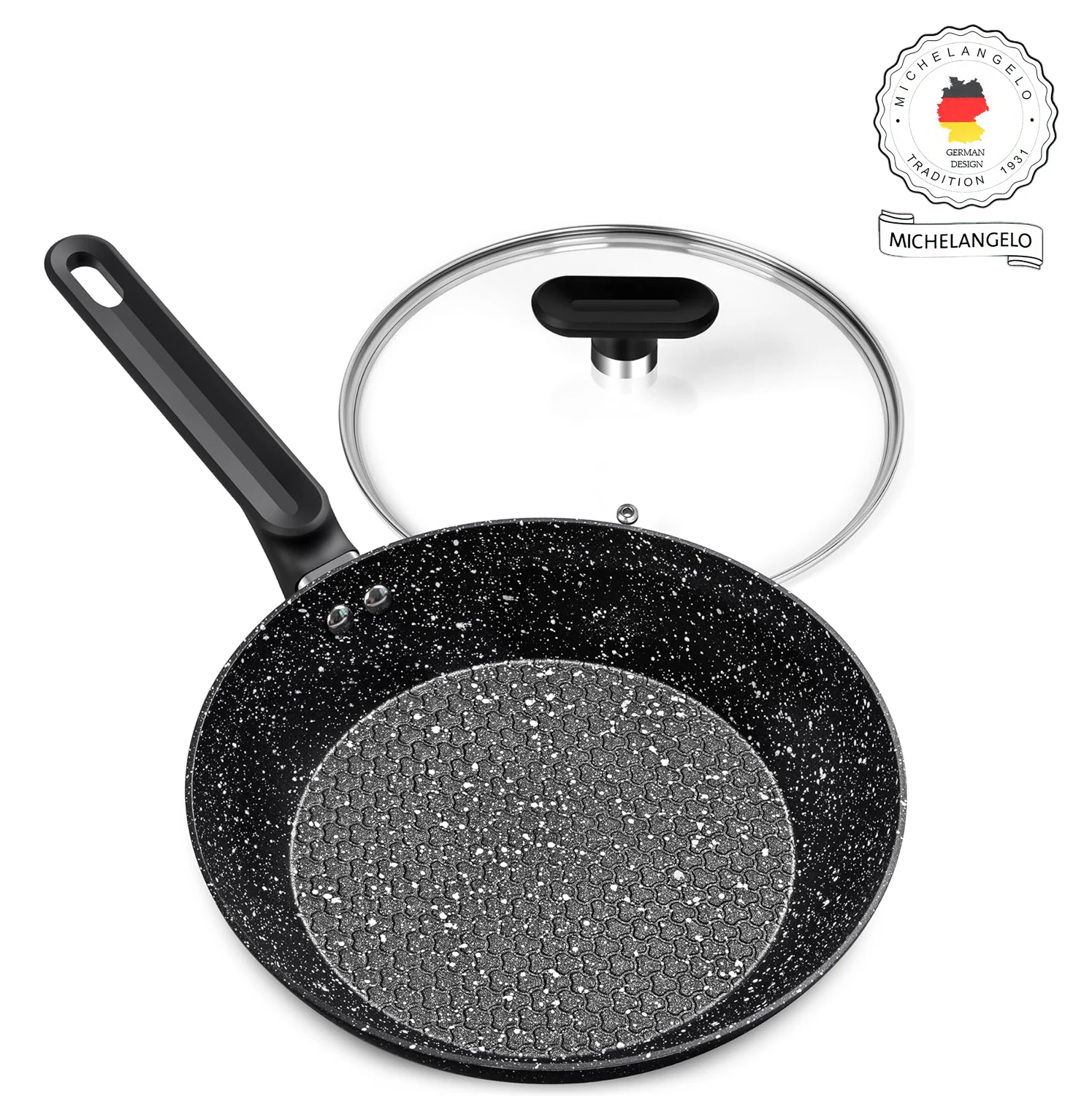 

MICHELANGELO 12 Inch Granite Fry Pan with Lid - Black White Dots Nonstick 1.8mm Induction Bakelite Handle Oven Safe 30cm