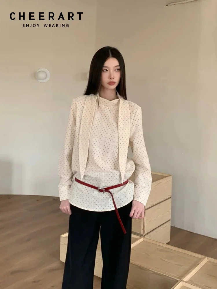 

CHEERART Designer Polka Dot Top And Blouse For Woman White Long Sleeve Stand Collar Shirts & Blouses Autumn 2025 Clothes