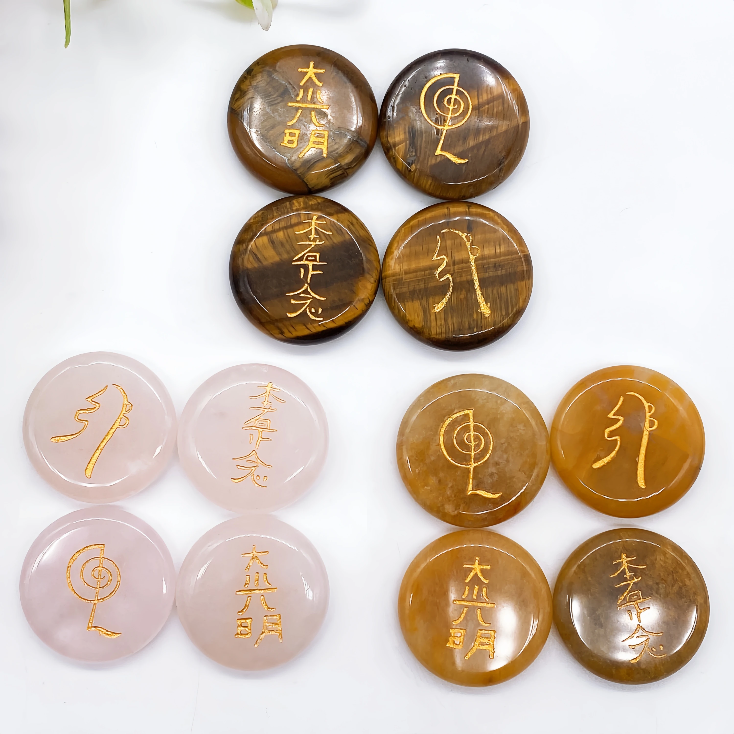 4pcs/set Natural Crystal Amethyst Tiger Eye Stone Quartz Symbol Palm Chakra Reiki Divination Healing  Home Decor Gift