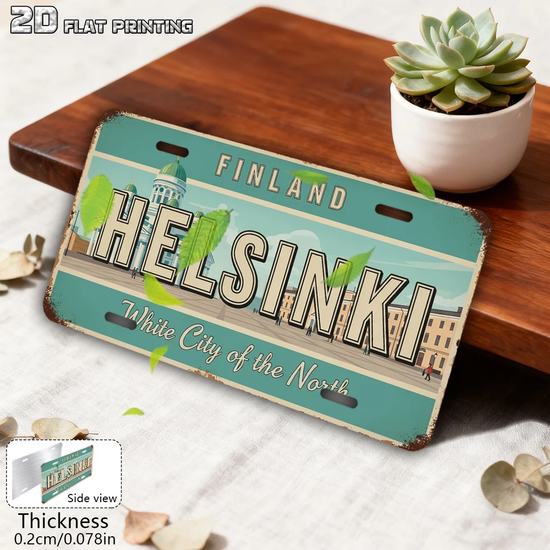 Placa Decorativa Plana 2D, Impresión Plana 2D, 1 Pieza, Letrero Retro, Placas Decorativas para Exteriores y Arte Mural (15.24cm X 30.48cm), Ciudad de Helsinki, Finlandia