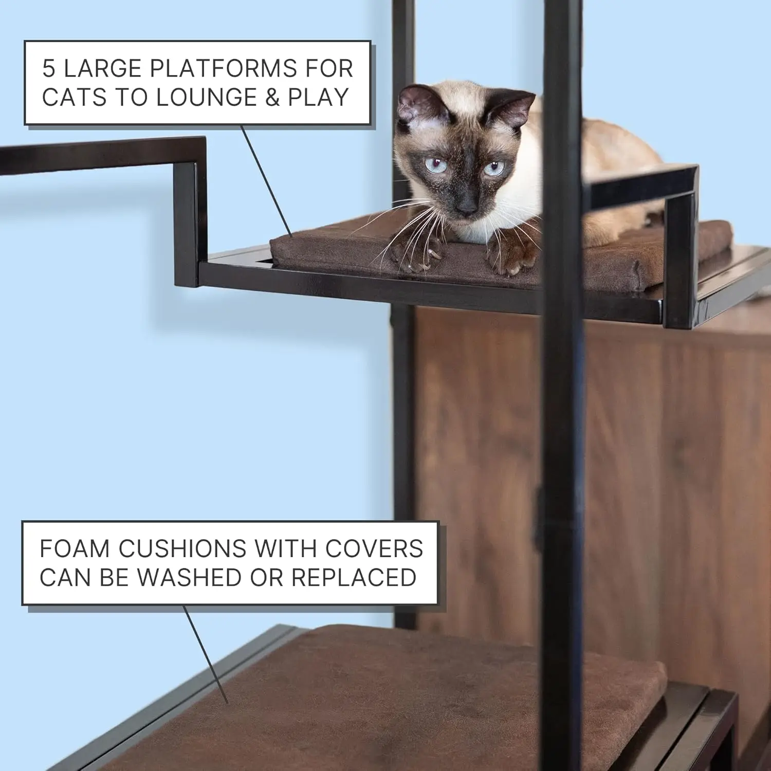 The Refined Feline 62 Inch Tall Metropolitan Cat Condo, Black Metal Frame Cat Tower, Multi-Level Modern Cat Tree For Indoor