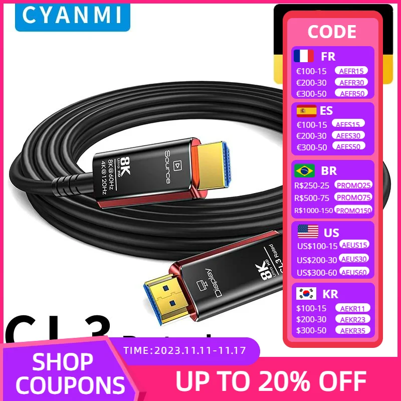 HDMI Cables 50FT,8K HDMI 2.1 fiber optic Cable CL3 Rated,48Gbps 8K@60 4K@120Hz/144Hz,eARC HDCP 2.2&2.3,Compatible for Xbox/PS5