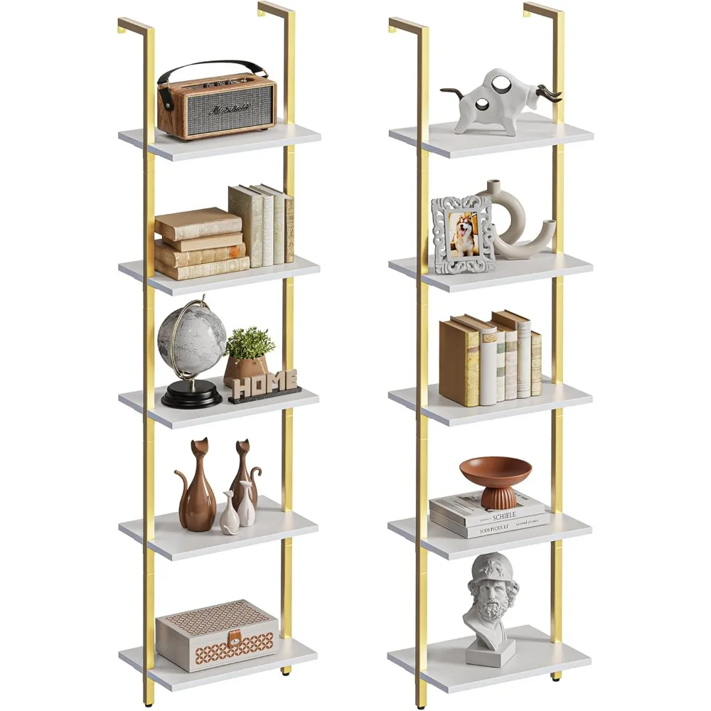 

5-Tier Bookshelf, Narrow Book Shelf Set of 2, Open Wall-Mounted Ladder Shelf with Metal Frame, Display Bookcase for Ho