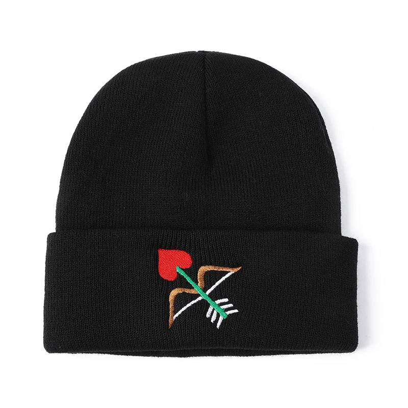Heart Embroidery Knit Cap for Women Warm Winter Beanie Windproof Skull Hat Casual Cap