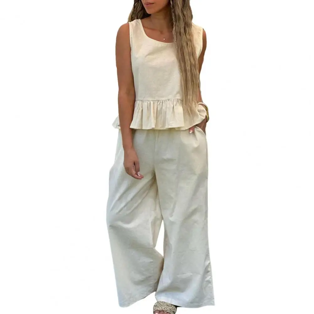 

Women Solid Color Vest Set Stylish Women's Pleated Ruffle Top Wide Leg Pants Set for Daily Wear Vacation Outfits Sleeveless Vest