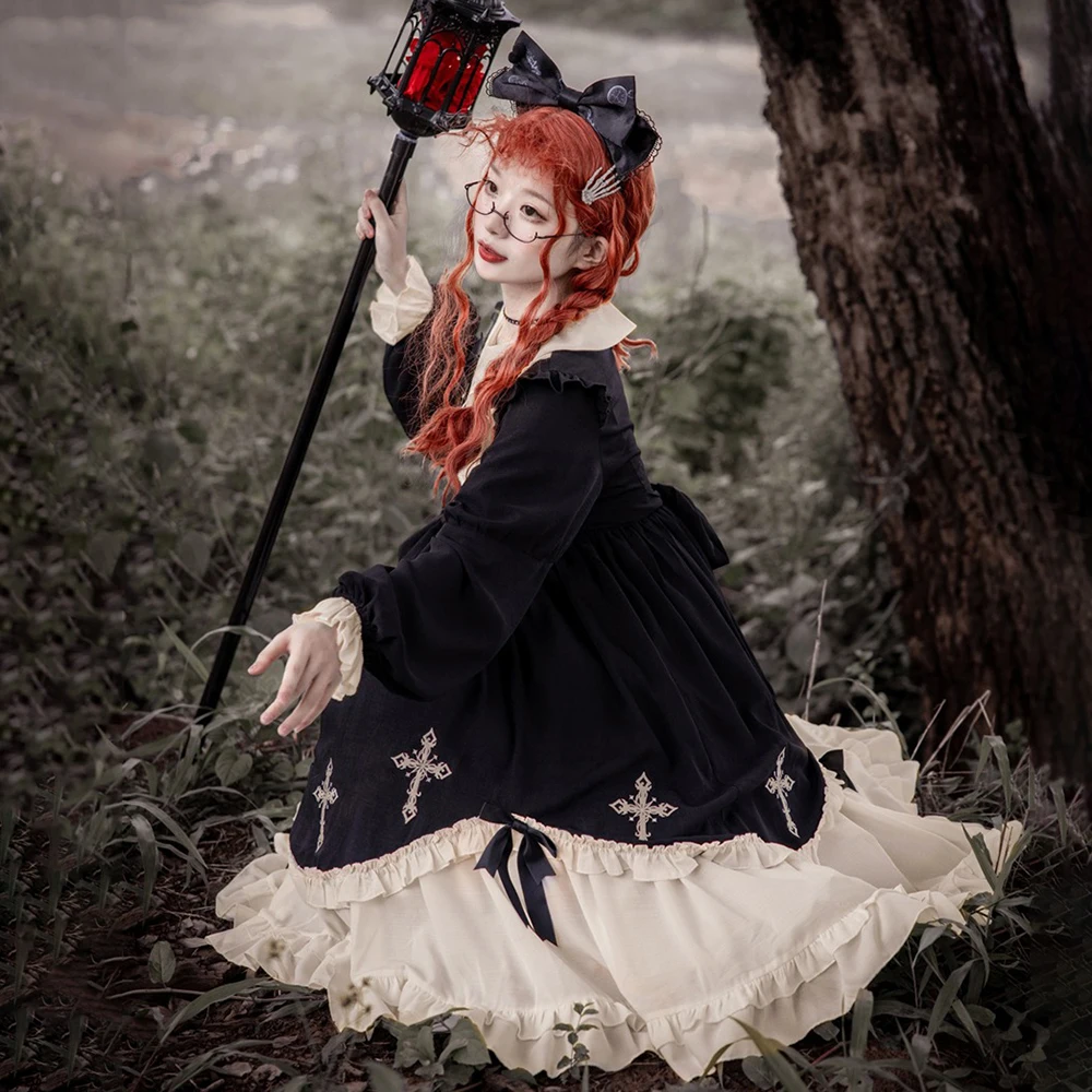 المرأة حجم كبير فساتين لوليتا كم طويل الكشكشة أشرطة عبر غرزة لطيف الحلو دمية طوق الانحناء حفلة موسيقية هالوين زي