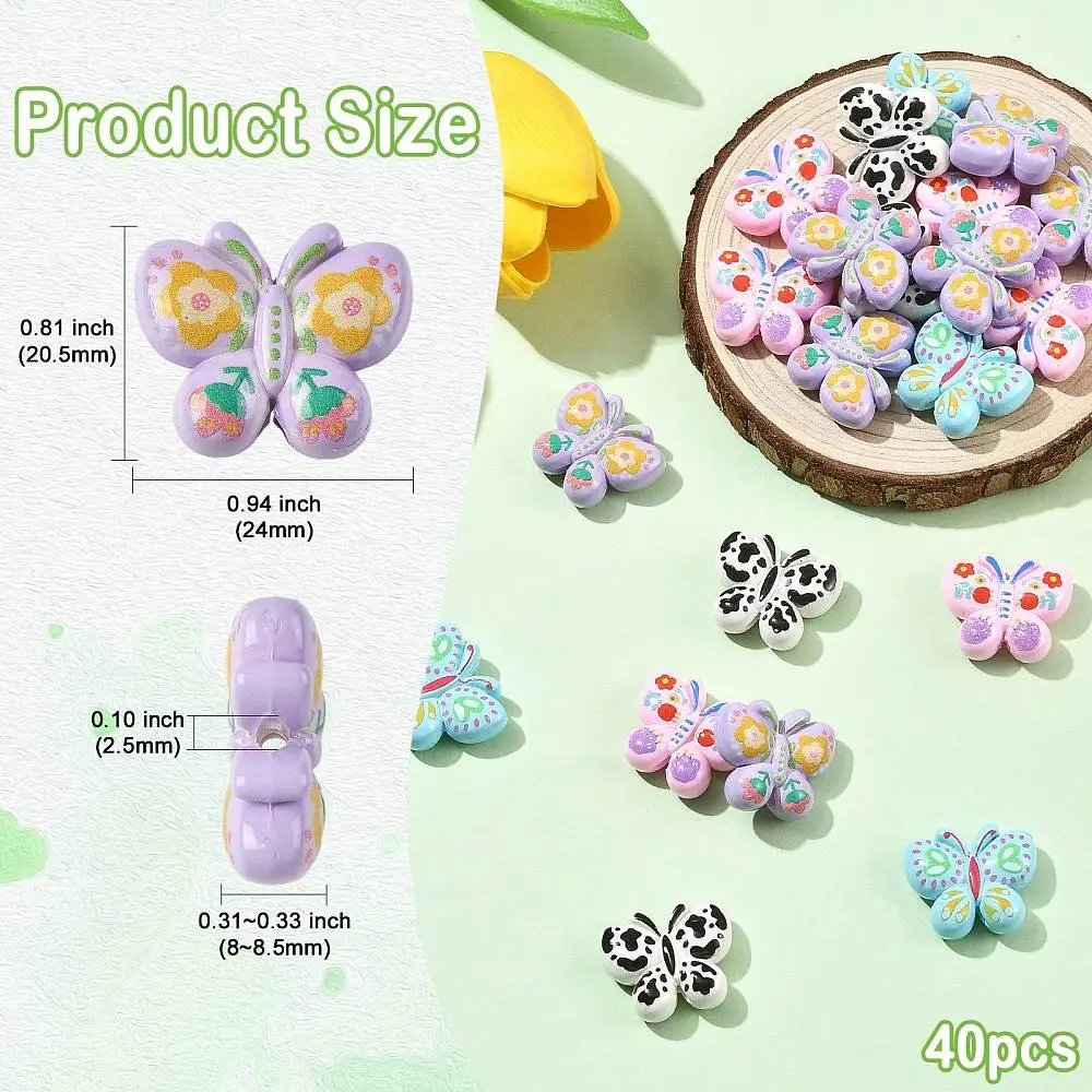 KitBeads 40pcs Multicolor Butterfly Beads Flower Baking Print Acrylic Loose Beads for DIY Jewelry Making Bracelet Necklace Craft