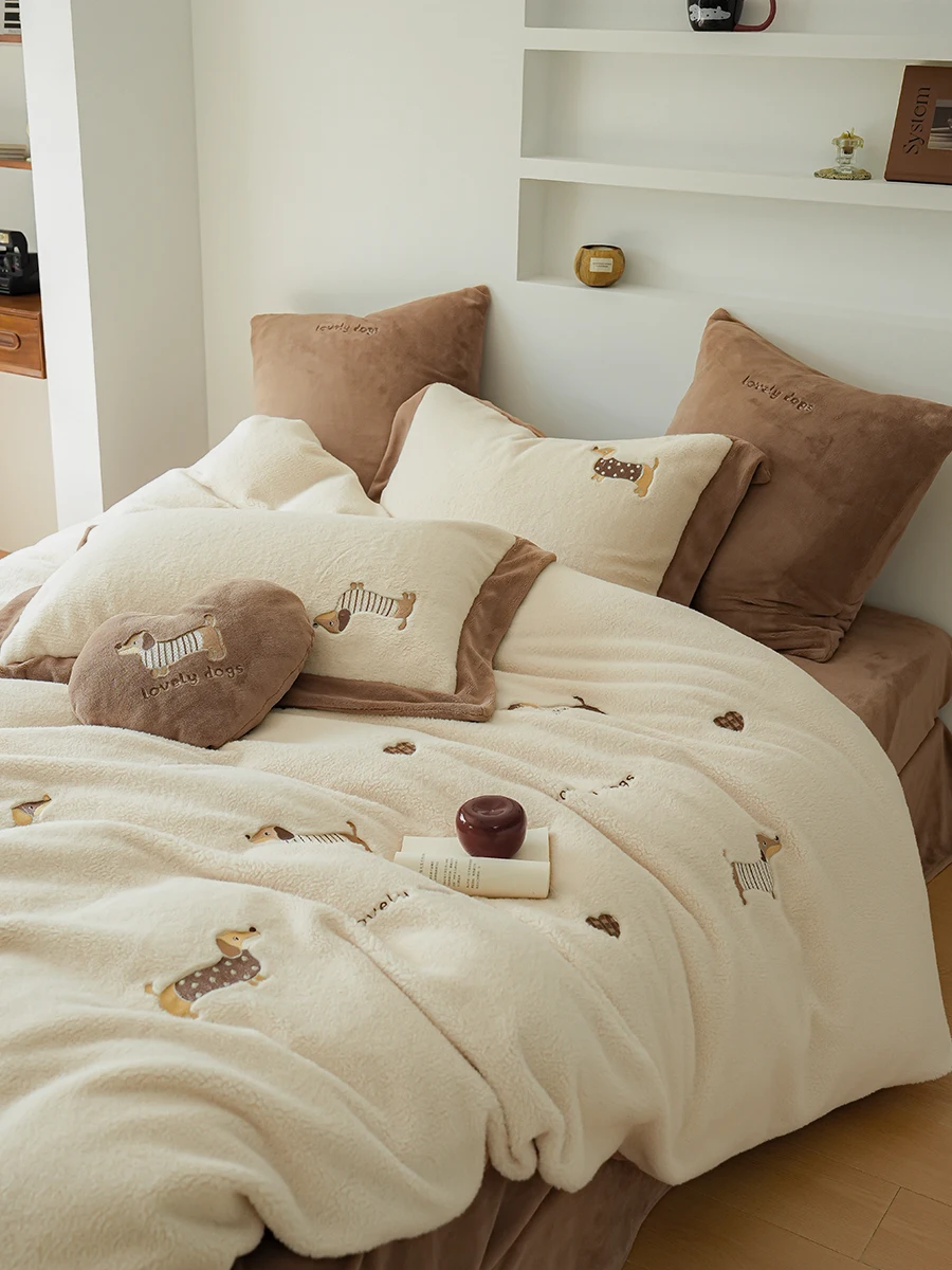 Girls Heart Autumn Winter Ins Cartoon Embroidery Camere Four Piece Bedding Set Double Sided Milk Velvet Warmth And Comfort