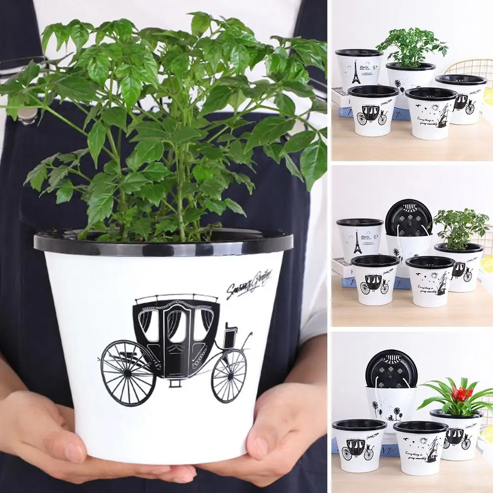 High-quality Resin Self Watering Plant Pot Garden Supplies Pattern Style Lazy Plant Pot Water Planting Pot