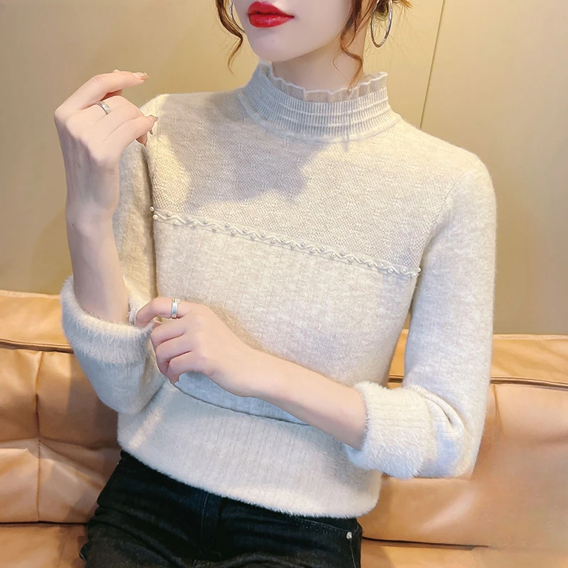 Pullovers Women Plus Velvet Solid Spliced Lace All-match Streetwear Gentle Stylish Autumn Winter Underlay Vintage Tops Ulzzang