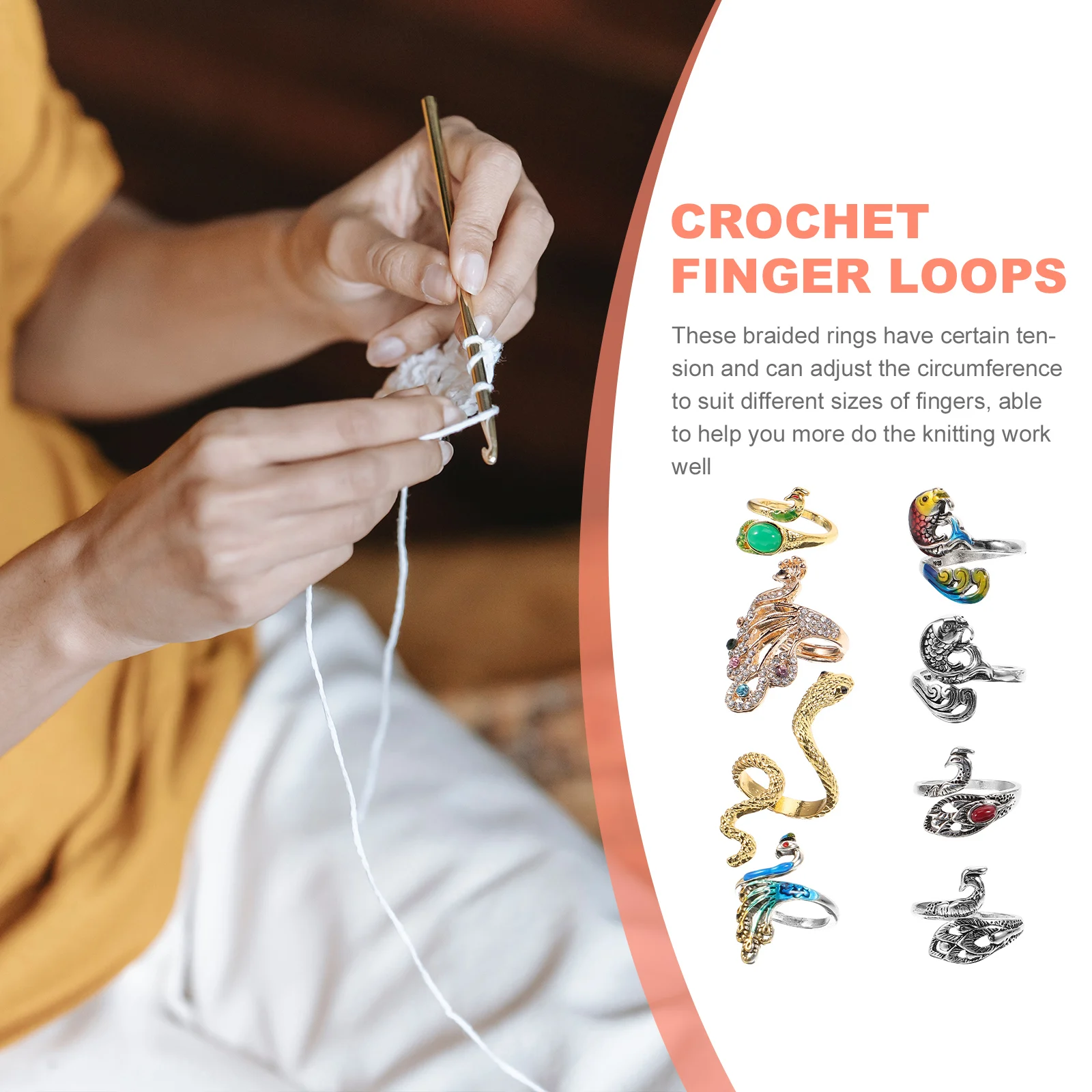 

8Pcs Silver Braided Crochet Rings Adjustable Yarn Guide Knitting Tools Finger Rings Set Crochet Finger Yarn Guide Ring