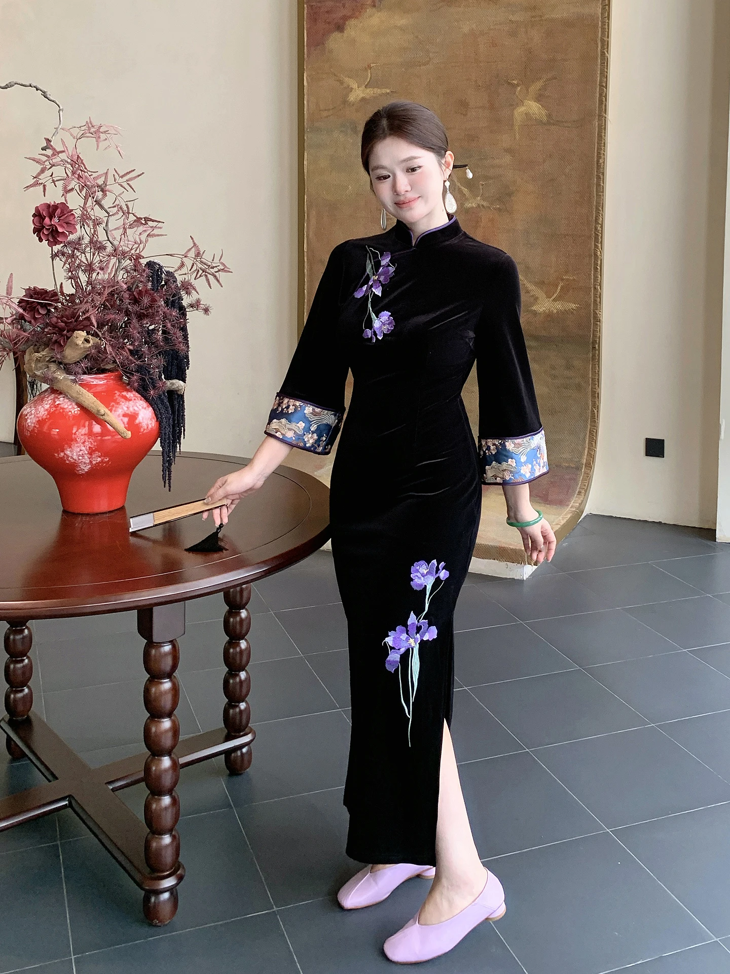 

Новое китайское бархатное платье с вышивкой для женщин больших размеров, ретро-стиль, с длинными рукавами, высокой талией, на молнии, вечернее платье