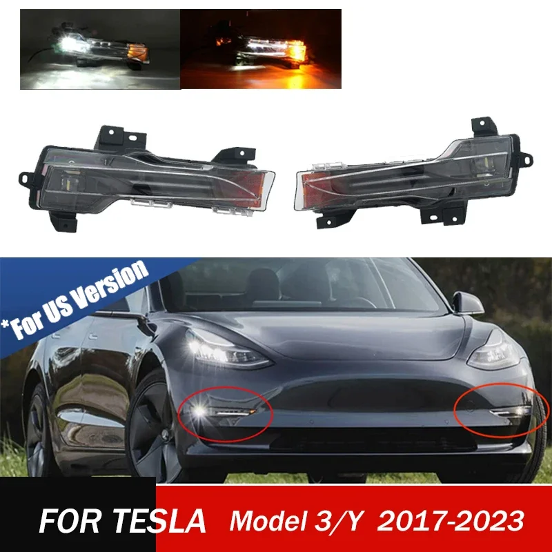 US Version Car Front Fog Light for Tesla Model 3 / Y 2017-2023 Driving Lamp LED DRL Amber Left&Right 2022 2021 2020 2019 2018