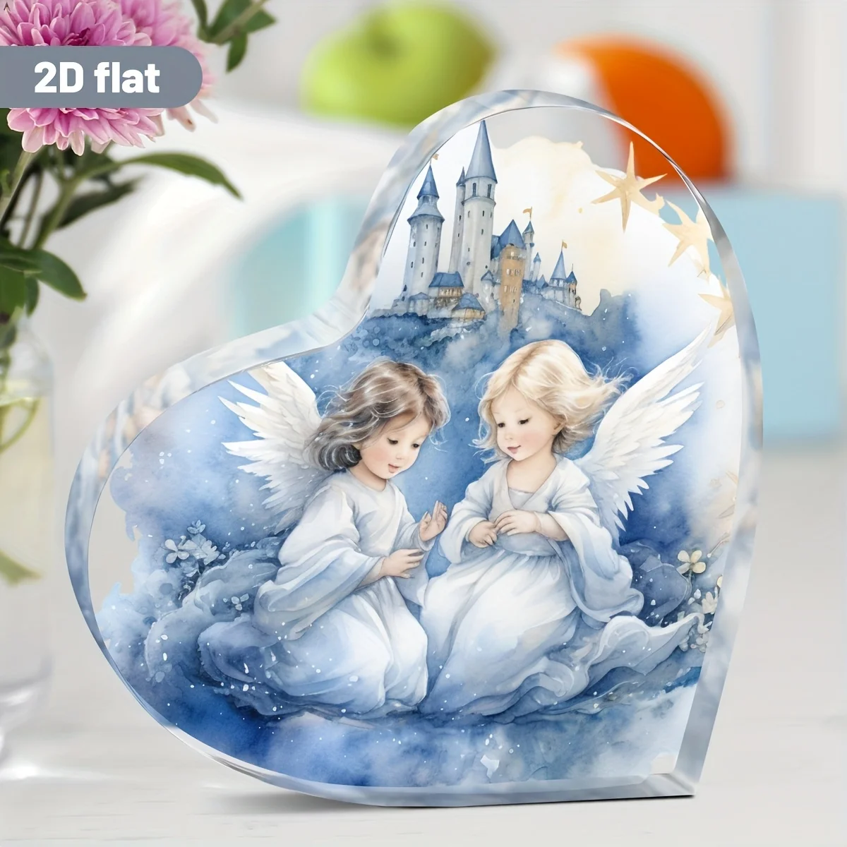 CIFBUY Acrylic Ornament 1pc Heart Shape Blue White Watercolor Angel European Castle Desktop Sign Home Desk Dresser Baptism Memor