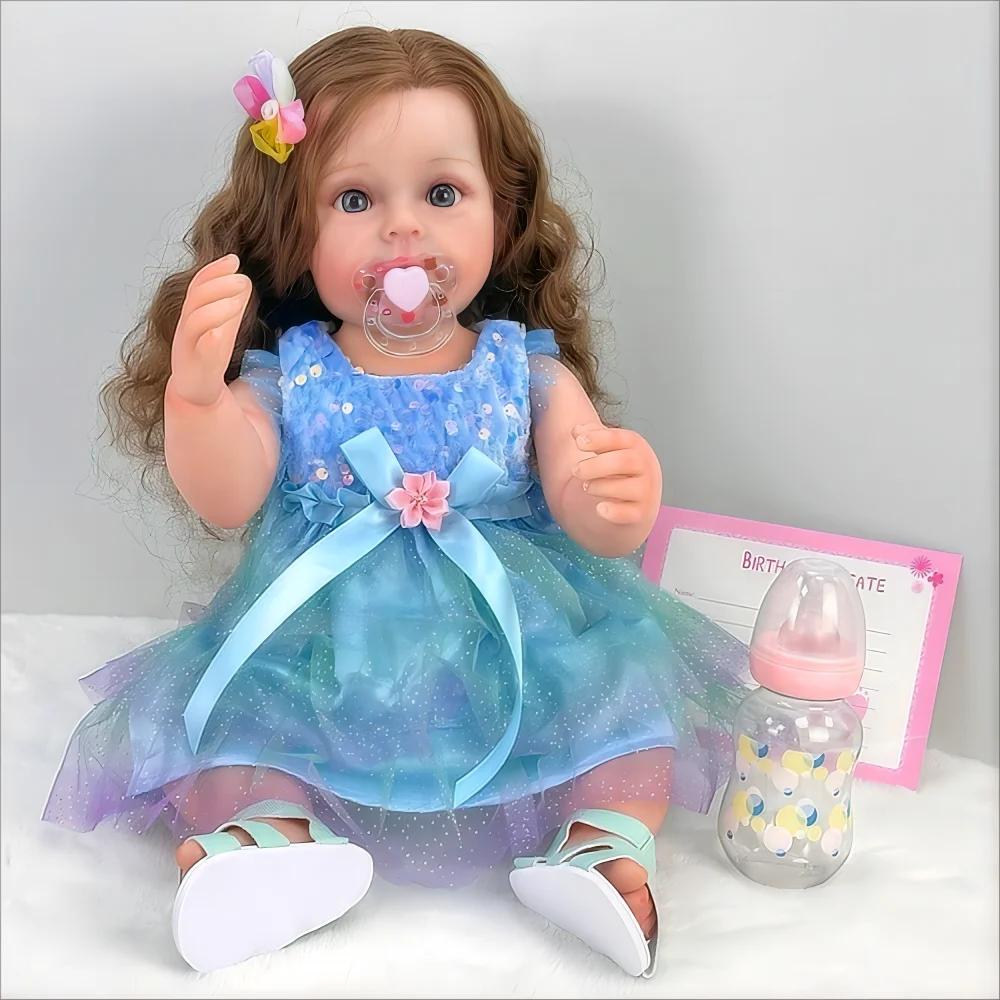 Muñeca Reborn de vinilo de 22" - Coleccionable, pelo largo y rizado marrón, ojos azules, vestido de princesa colorido, poseible, caja de regalo