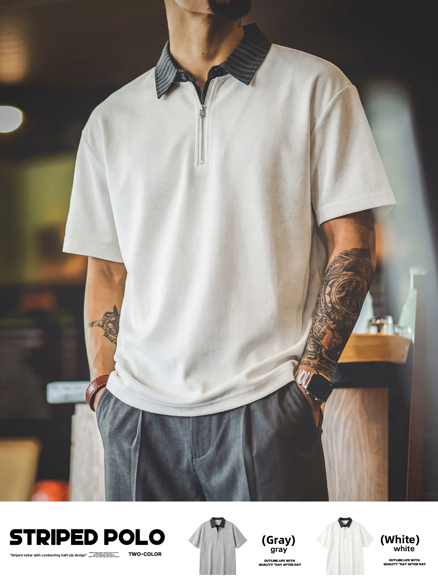 

American Retro Fake Two-Piece Shirt Men Summer New Half Zip Color Block Casual Short Sleeve T-Shirt Commuting Leisure