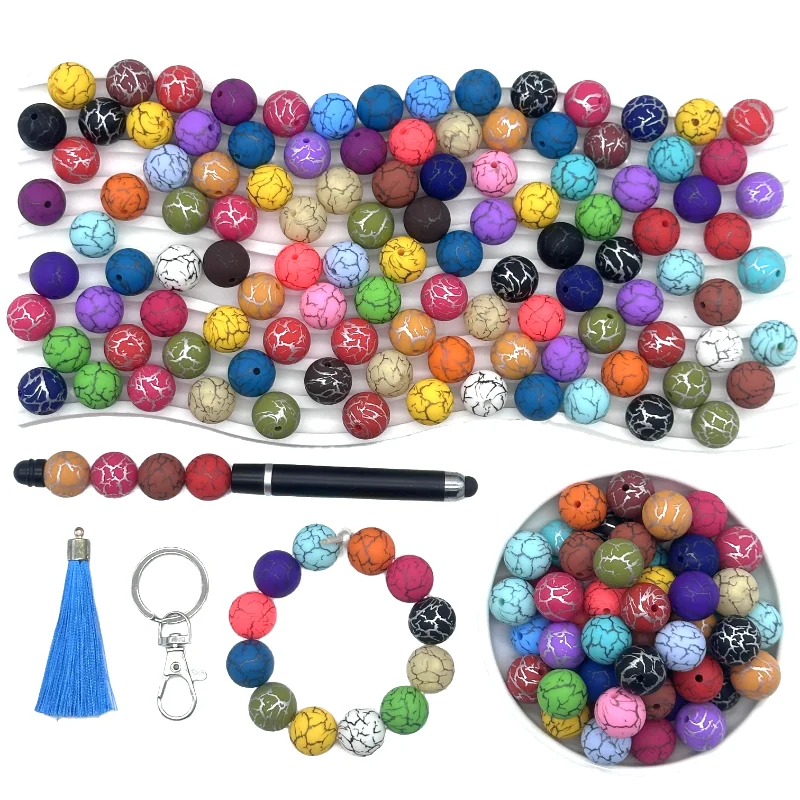10Pcs15mm Printed Mable Silicone  Beads Round Christmas Series Silicone Beads DIY Necklace Plastic Pen Beaded Key Chain Bracelet