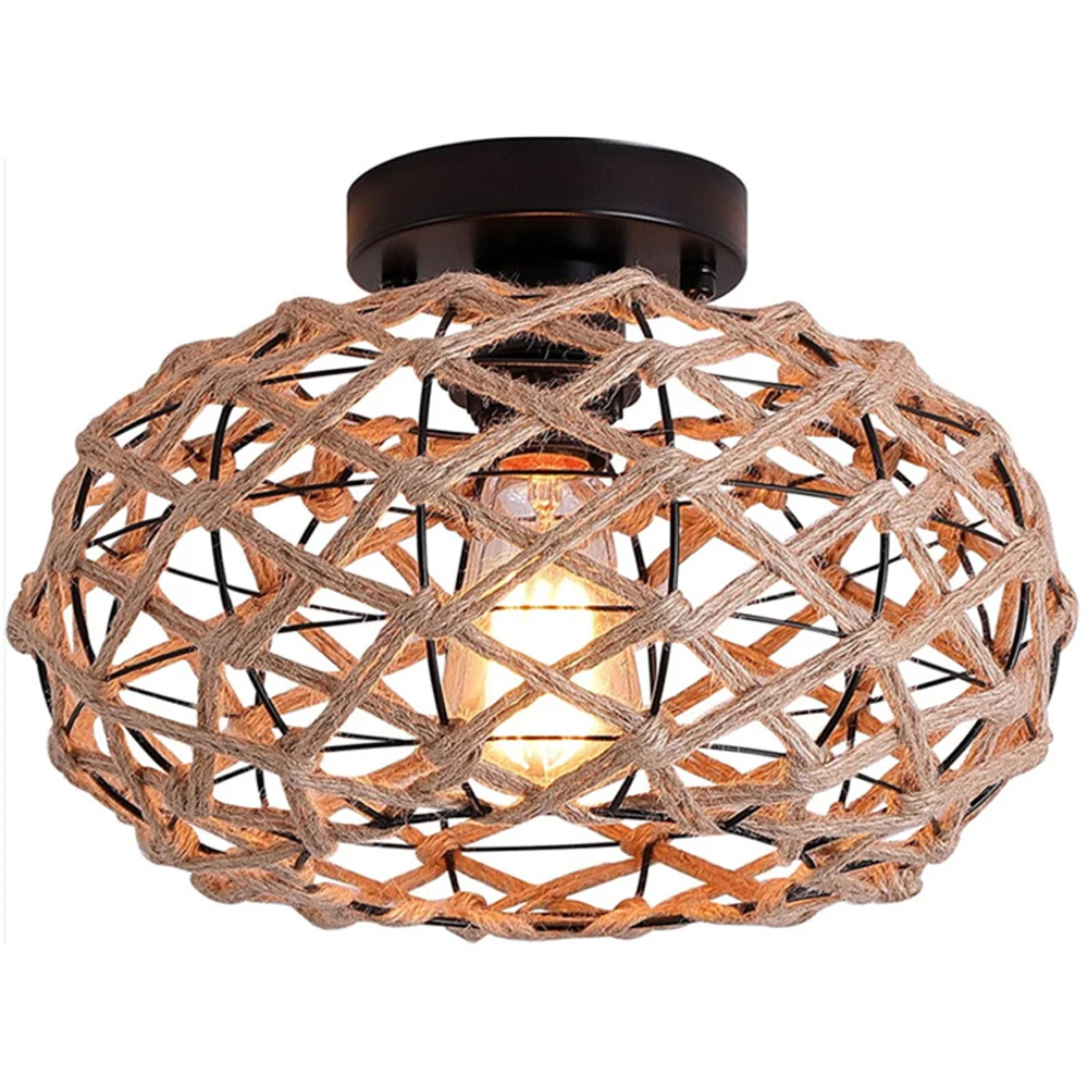 

Vintage Rustic Woven Ceiling Light Industrial Hemp Rope Cage Ceiling Lamp for Bar Restaurant Bedroom Kitchen indoor Lighting LED