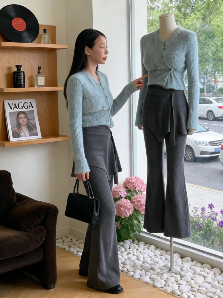 

Korean Sle Commute Wind Set Women's Waist-Cinching Blue Top Amazing Two-Piece Set Spring New Age-Defng Flared Pants